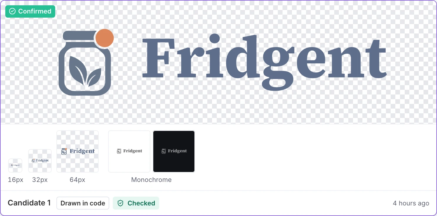 The confirmed Fridgent primary logo: a slate pantry-jar symbol with a leaf and an orange dot beside a serif wordmark, with previews at 16, 32, and 64 pixels and light and dark monochrome versions.