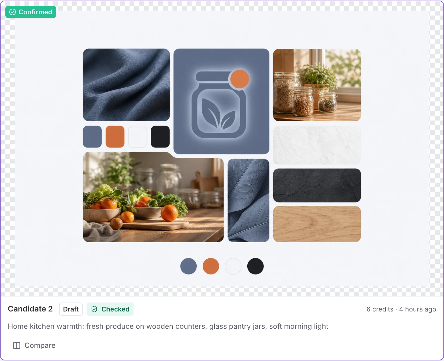 The confirmed Fridgent mood board: slate linen, the jar symbol, pantry jars by a window, vegetables on a chopping board, and stone and oak textures, with the four brand colors below.