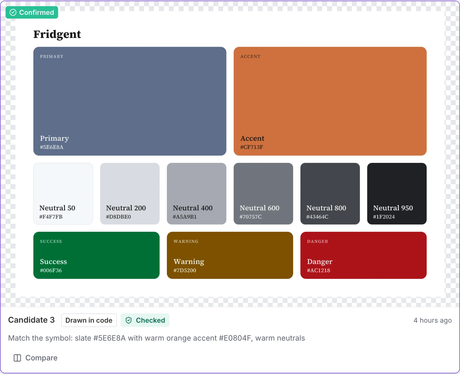 The confirmed Fridgent palette sheet, drawn in code: a slate primary, an orange accent, six neutrals, and success, warning, and danger colors, each with its hex value.