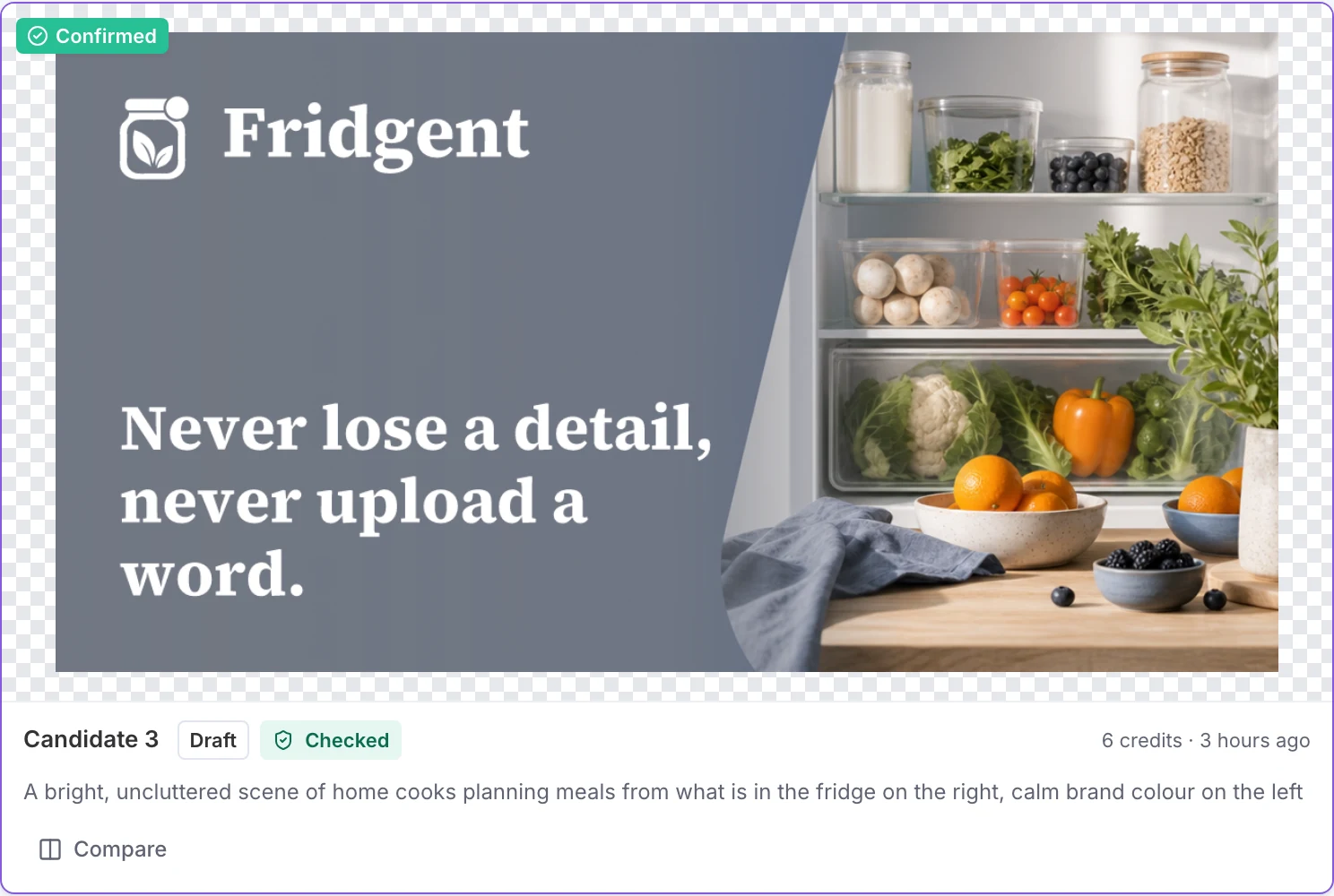 The confirmed Fridgent social card: the white logo and a headline on the slate brand color at left, and an open fridge stocked with produce at right.