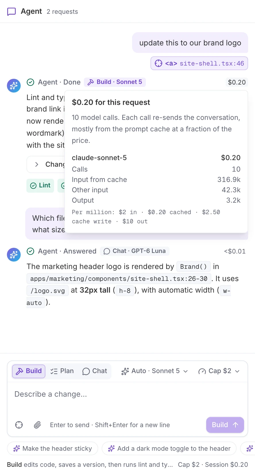 A Builder request’s cost breakdown: $0.20 for 10 model calls on Claude Sonnet 5, split into input from cache, other input, and output tokens, with the per-million list prices.