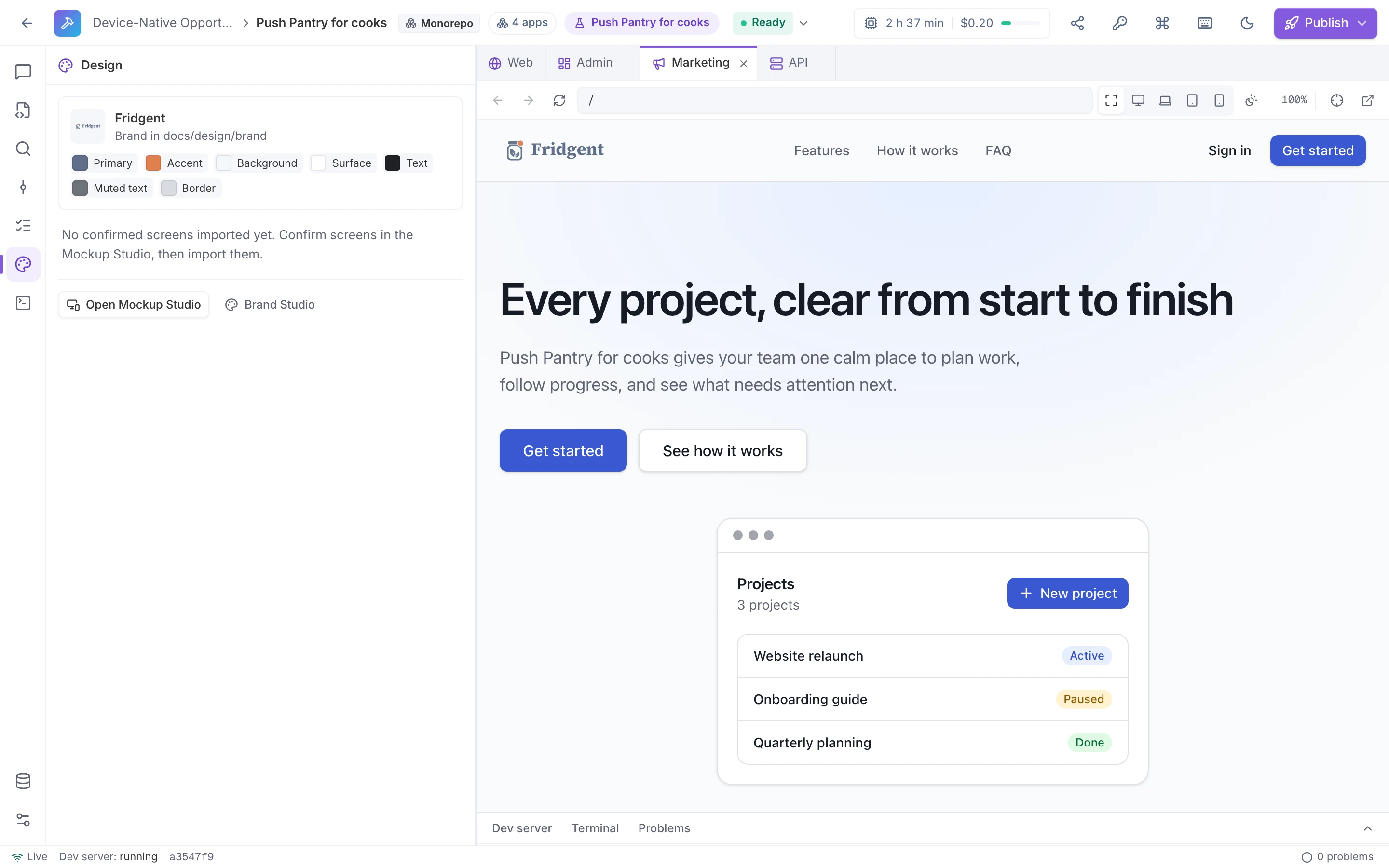 The Builder’s Design panel showing the imported Fridgent brand from docs/design with its logo and palette colors and links to Mockup Studio and Brand Studio, beside the live marketing site preview that uses the Fridgent logo.
