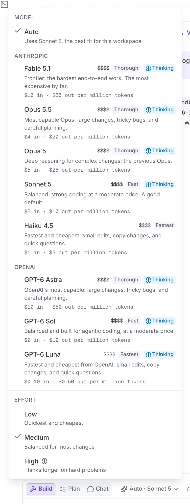 The Builder model picker: Auto, then Anthropic’s Fable 5.1, Opus 5.5, Opus 5, Sonnet 5, and Haiku 4.5, and OpenAI’s GPT-6 Astra, Sol, and Luna, each with its input and output price per million tokens, and low, medium, and high effort below.