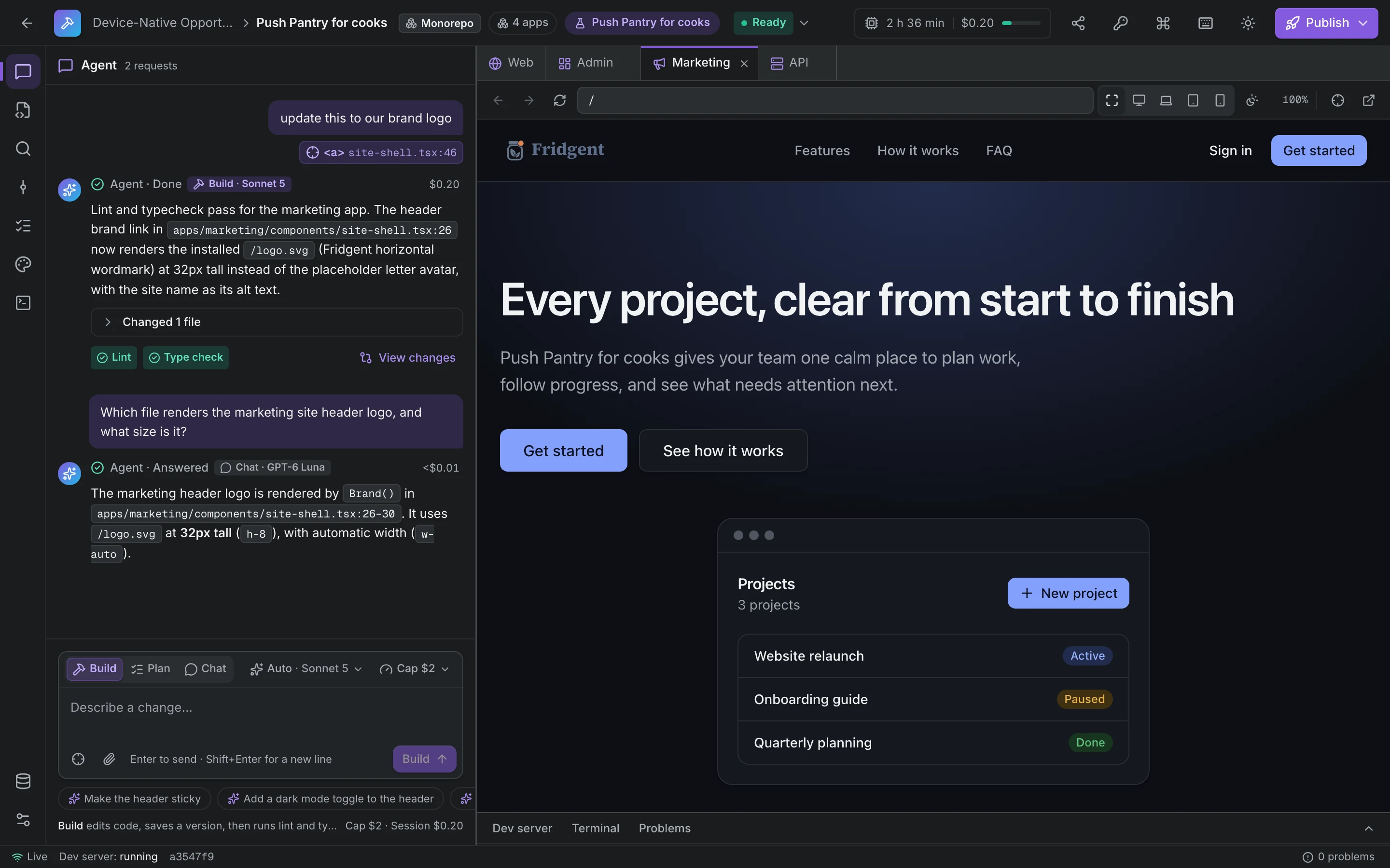 The same Builder workspace in the dark theme: the agent chat with the $0.20 build turn on the left and the live Fridgent marketing site preview on the right.