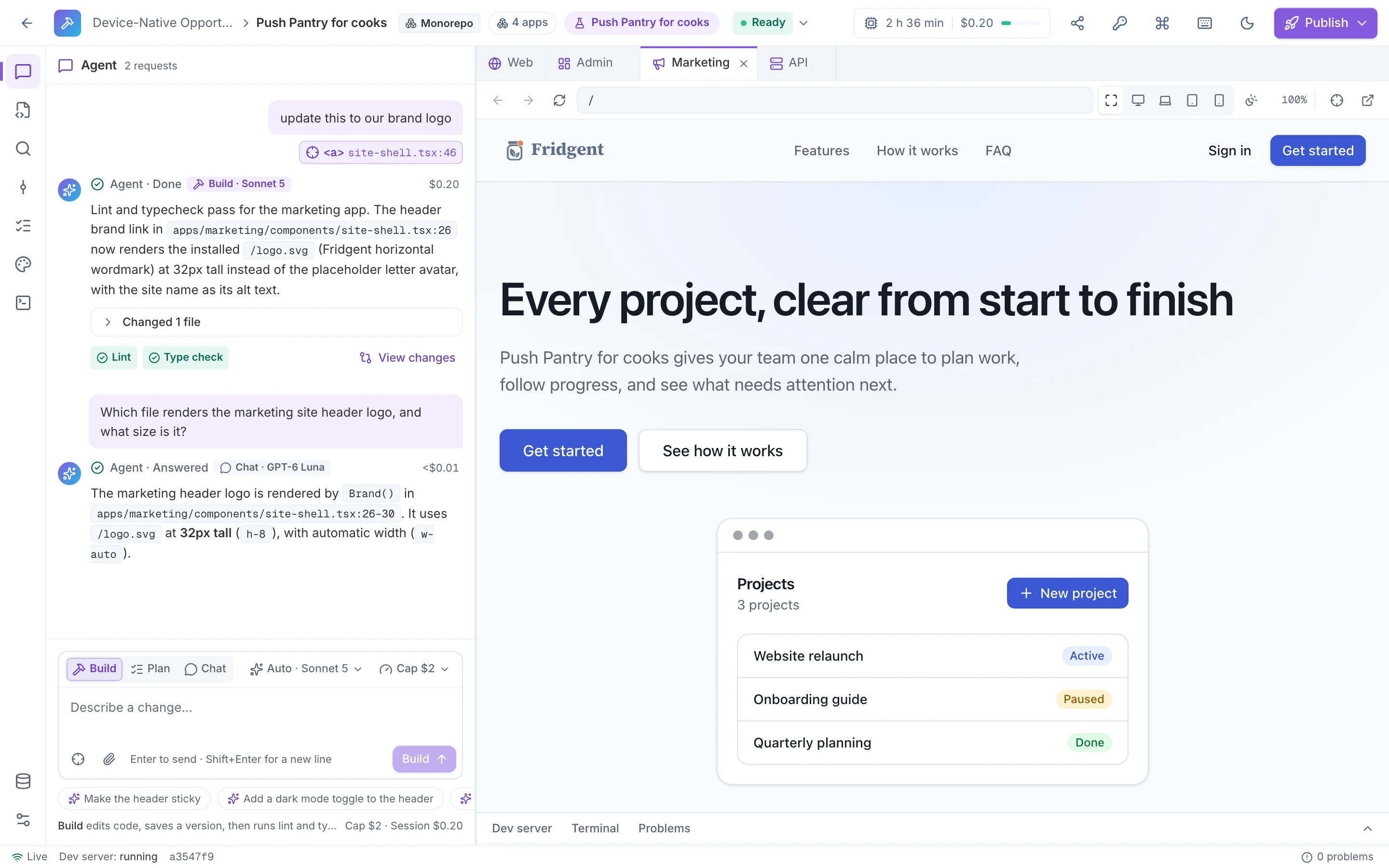 The Builder for a four-app monorepo, session ready. The agent chat shows a request to use the brand logo with an element attached from the preview, answered by Build with Sonnet 5 for $0.20 with lint and type check passed. The live preview has Web, Admin, Marketing, and API tabs, with the Fridgent marketing site open.
