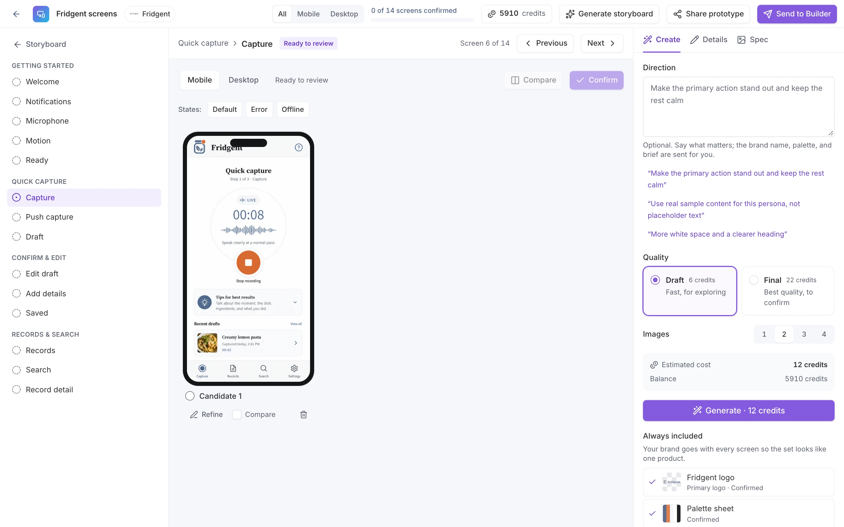 The Mockup Studio screen editor: a generated Fridgent mobile screen showing a voice recording with a waveform and an orange stop button, the flow list on the left, and the Create panel on the right with draft and final quality, candidate count, the estimated credit cost, and the brand assets included as references.