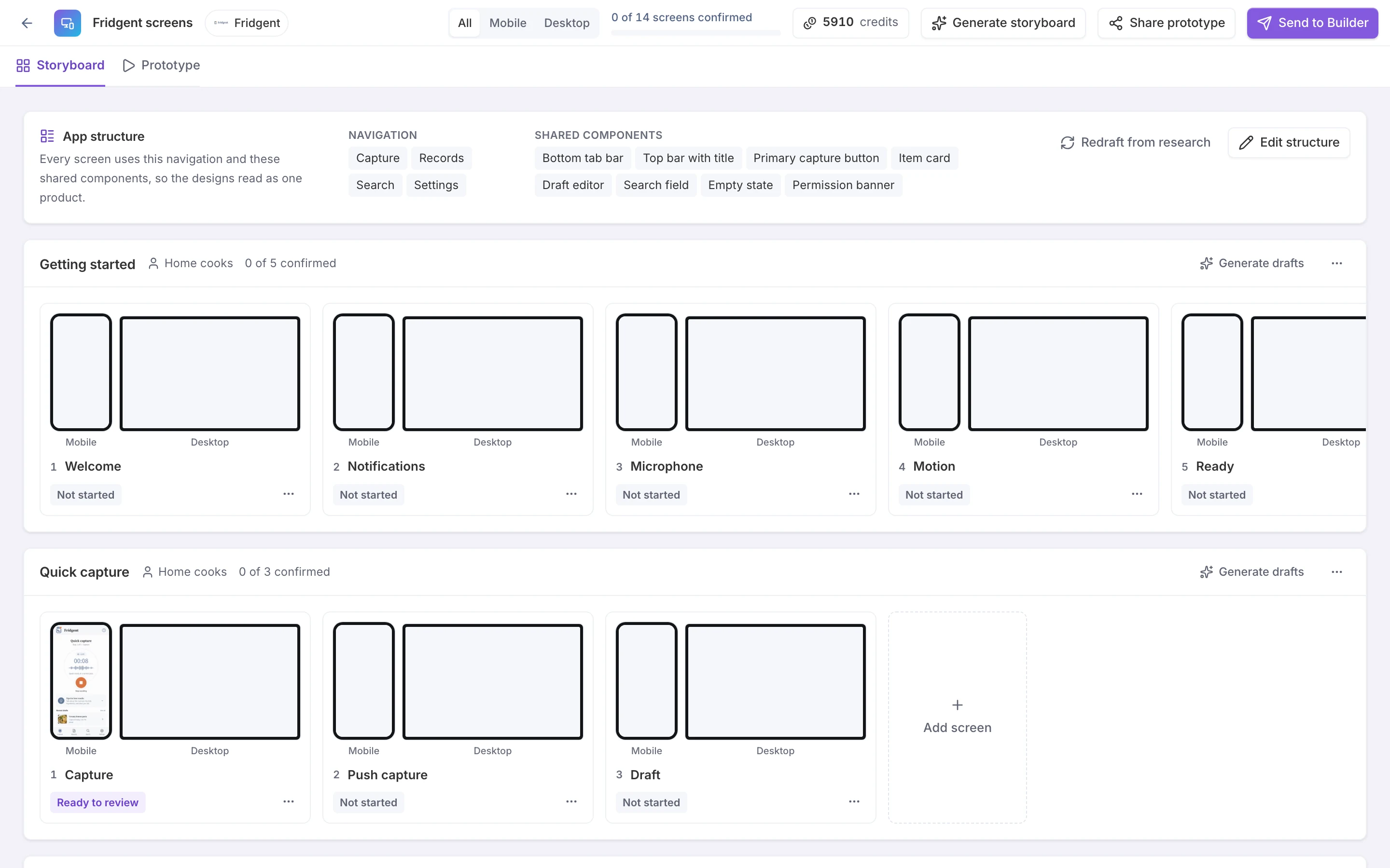 The Mockup Studio storyboard for Fridgent: an app structure card with the navigation and shared components, then the Getting started and Quick capture flows as rows of screens, each with mobile and desktop frames.