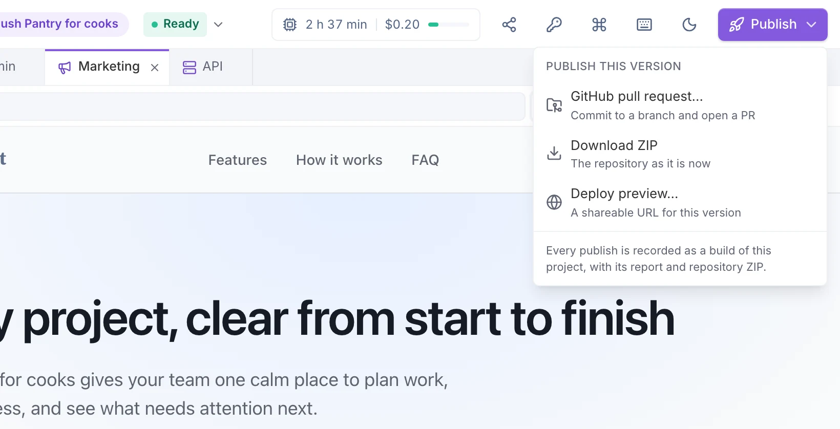 The Builder publish menu, “Publish this version”: GitHub pull request, Download ZIP, and Deploy preview, with the note that every publish is recorded as a build with its report and repository ZIP.