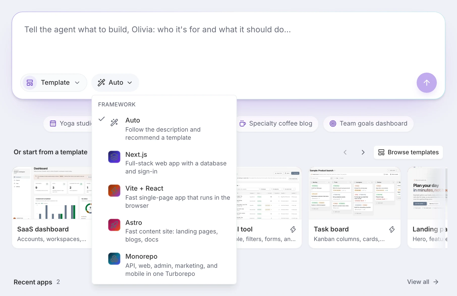 The Builder composer’s framework menu: Auto, Next.js, Vite + React, Astro, and Monorepo, each with a one-line description.