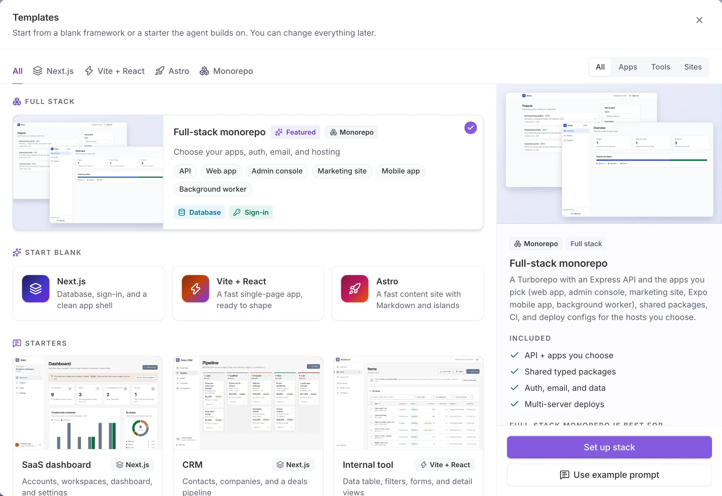 The Builder templates dialog, filterable by framework and category, with the full-stack monorepo selected (API, web app, admin console, marketing site, mobile app, and background worker), blank Next.js, Vite + React, and Astro apps, and starters with previews.